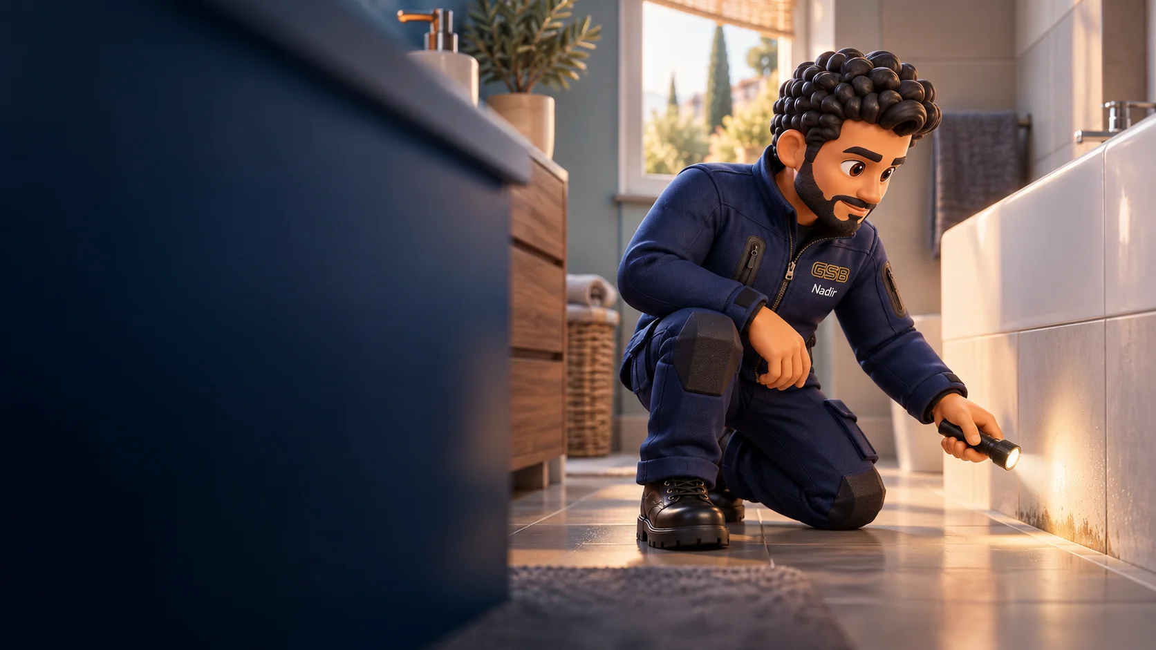Nadir, personnage de la série GSB, observe les indices au pied d’une baignoire.