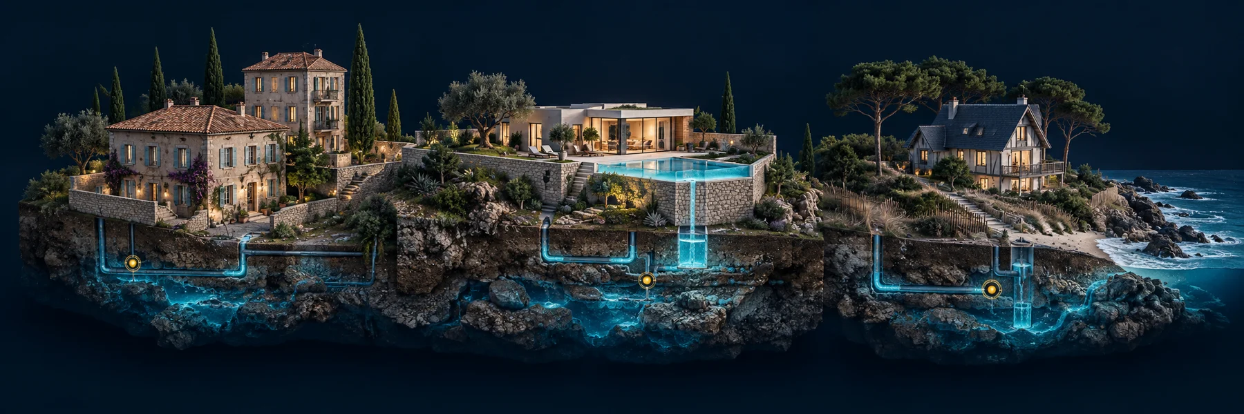 Paysage architectural illustré : maisons et copropriétés du Sud, terrasse et piscine méditerranéennes, habitat atlantique et réseaux sous le sol.